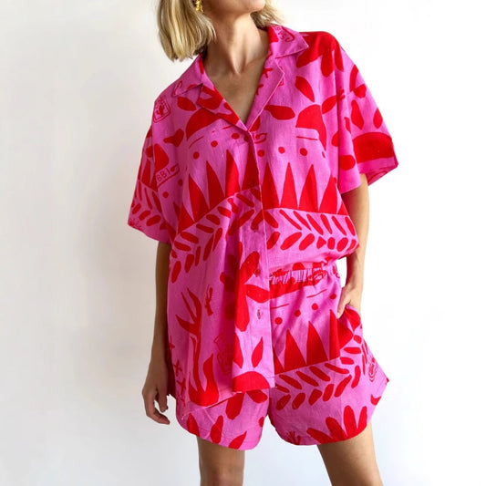 Fashion Casual All-matching Printed Cardigan Shirt Collar Suit Women