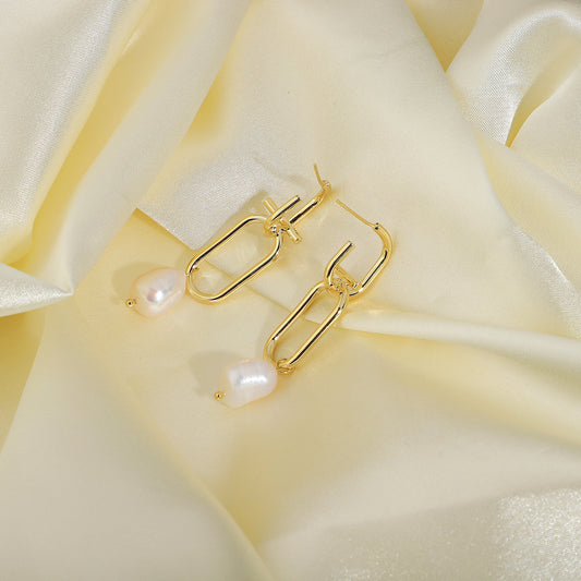 Baroque Freshwater Pearl Earrings Unique Brass Chain Pendant