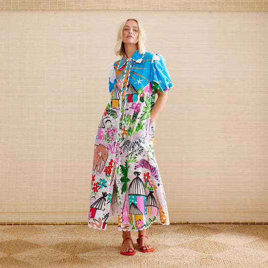 Linen Personality Printed Shirt-collar Cardigan Dress